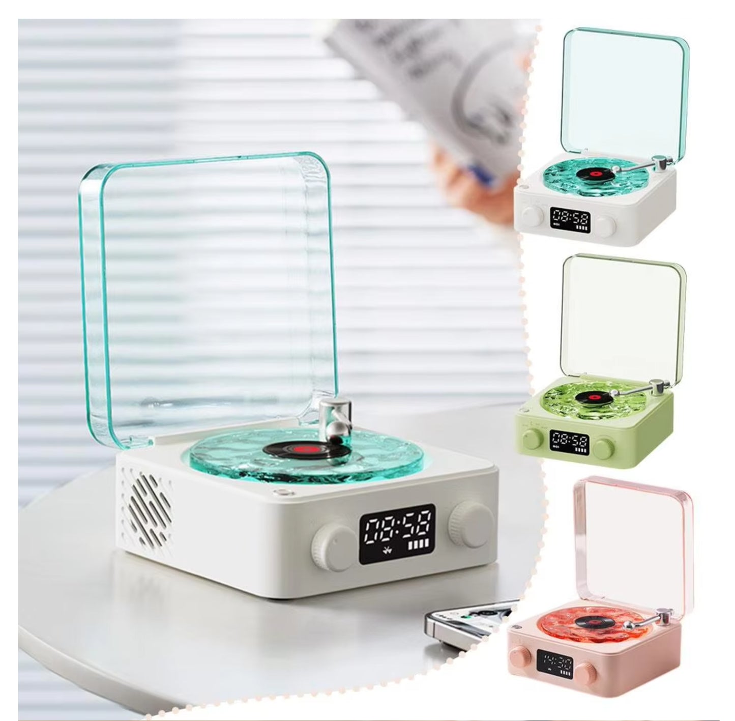 Retro Waves Wireless Bluetooth Vinyl Record Player with White Noise Light